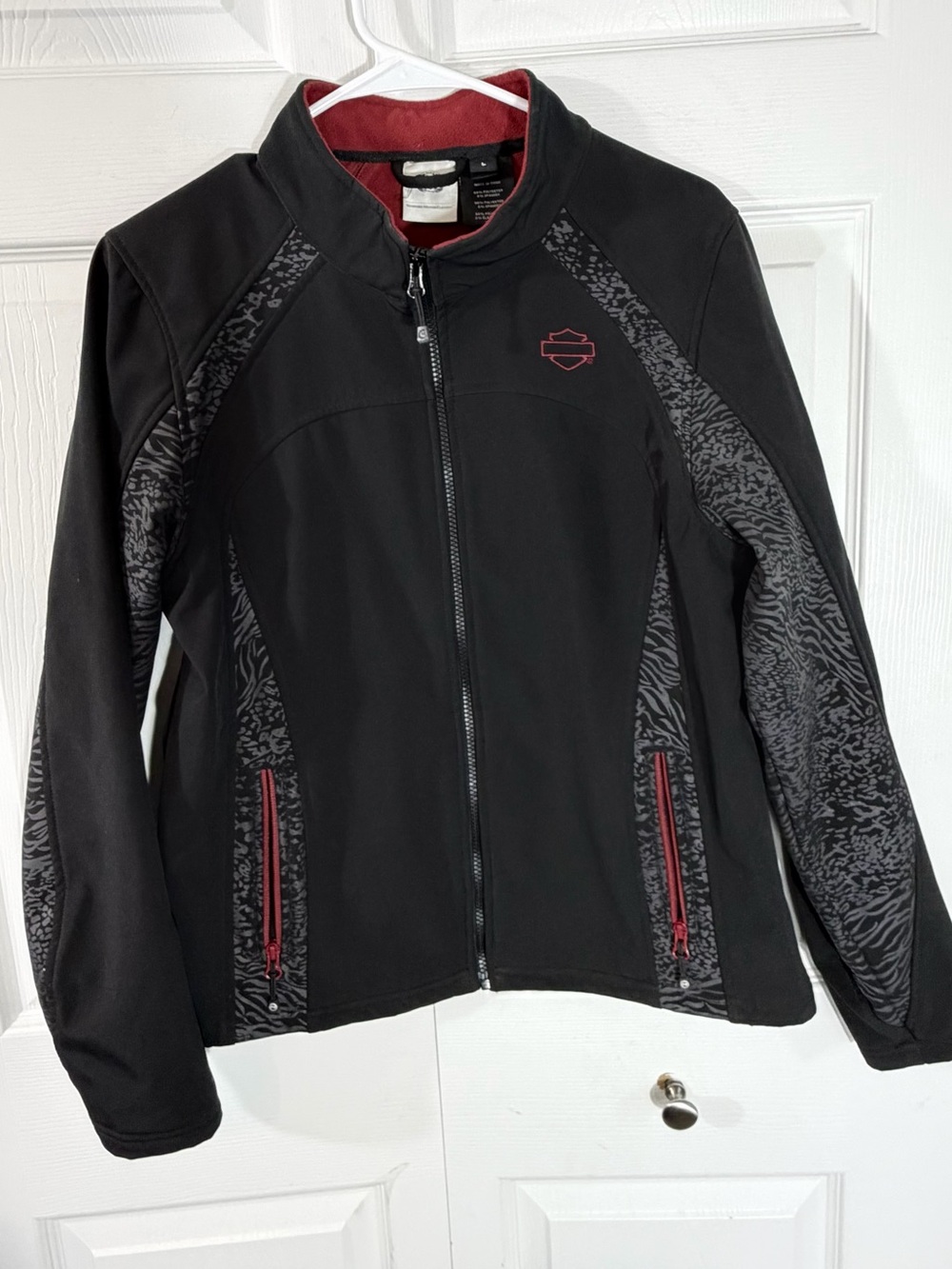 Harley Davidson Animal Print Fleece Jacket Black Red Womens Large Moto biker